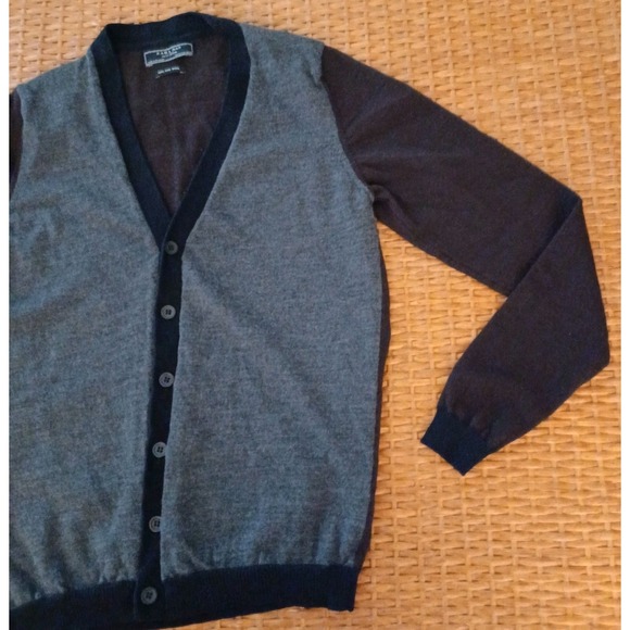 Zara Man Cardigan Sweater Size 42 Longsleeve Gray Navy Brown 100% Fine Wool - Picture 4 of 10